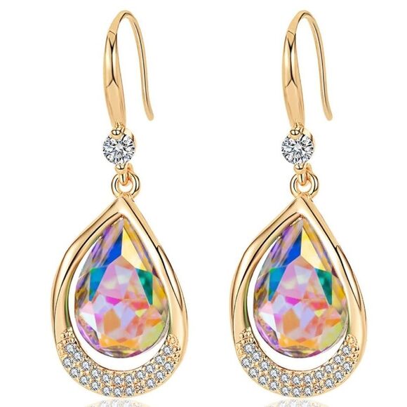 14K Yellow Gold and Iridescent AB Austrian Crystal Teardrop Halo Hook Earrings